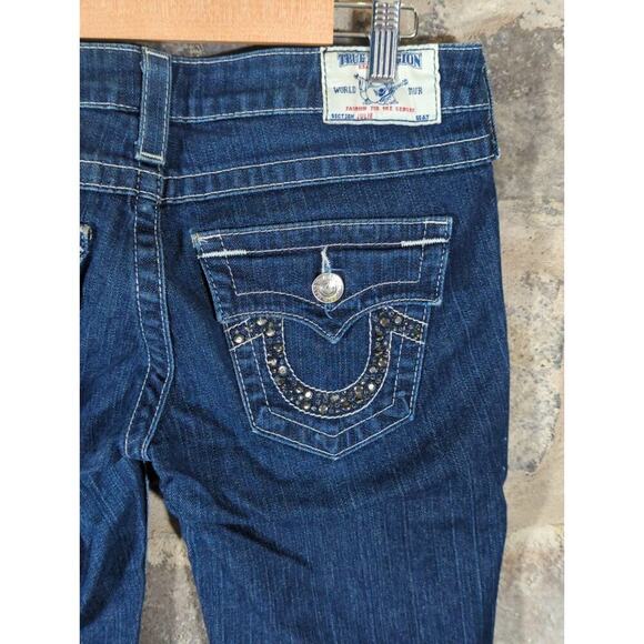 True Religion Jeans Woman's 28 Julie Dark Wash Bejeweled Y2K Button Pockets - Picture 1 of 14